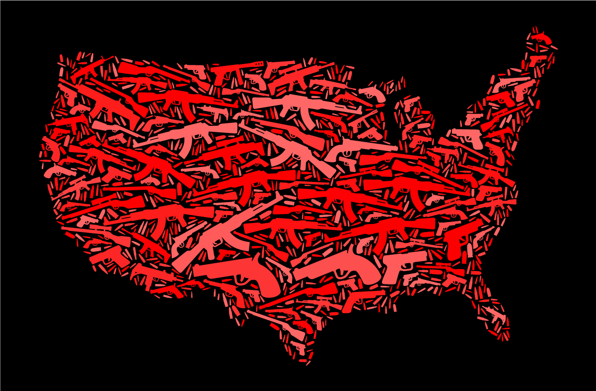 A map of the United States with a background made of illustrated guns